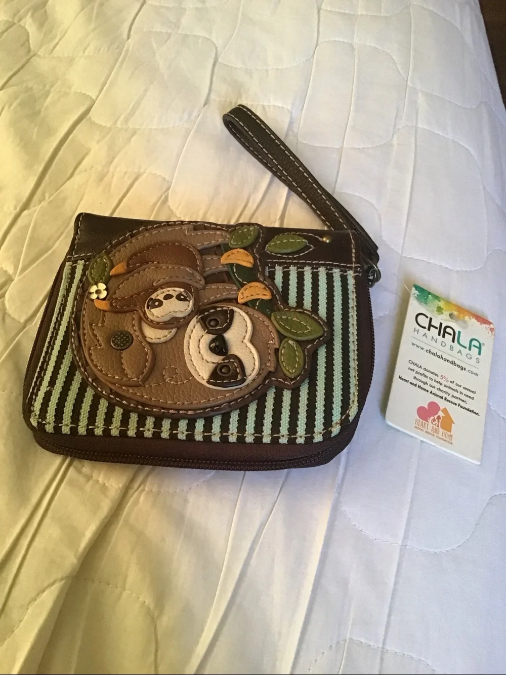 Chala Brown Sloth Wristlet with Mint and Dark Brown Stripes